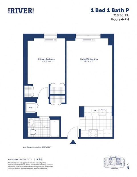 Floor plan for 1 bed, 1 bath, 719 sqft